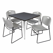 42 IN. SQUARE BREAKROOM TABLE- GREY TOP, CHROME BASE & 4 STACK CHAIRS- GREY <FONT COLOR=GREEN>-FREE SHIPPING-</FONT>