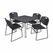 42 IN SQUARE BREAKROOM TABLE- GREY TOP, CHROME LEGS, 4 STACK CHAIRS- BLACK <FONT COLOR=GREEN>-FREE SHIPPING-</FONT>