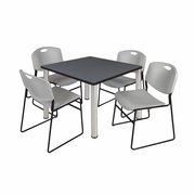 42 IN SQUARE BREAKROOM TABLE- GREY TOP, CHROME LEGS, 4 STACK CHAIRS- GREY <FONT COLOR=GREEN>-FREE SHIPPING-</FONT>