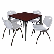 42 IN. SQUARE BREAKROOM TABLE- MAHOGANY TOP, BLACK BASE & 4 M STACK CHAIRS- GREY <FONT COLOR=GREEN>-FREE SHIPPING-</FONT>