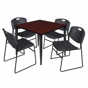 42 IN. SQUARE BREAKROOM TABLE- MAHOGANY TOP, BLACK BASE & 4 STACK CHAIRS- BLACK <FONT COLOR=GREEN>-FREE SHIPPING-</FONT>