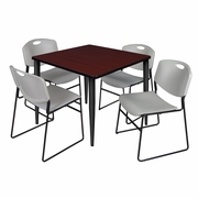 42 IN. SQUARE BREAKROOM TABLE- MAHOGANY TOP, BLACK BASE & 4 STACK CHAIRS- GREY <FONT COLOR=GREEN>-FREE SHIPPING-</FONT>