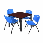 42 IN SQUARE BREAKROOM TABLE- MAHOGANY TOP, BLACK LEGS, 4 M STACK CHAIRS- BLUE <FONT COLOR=GREEN>-FREE SHIPPING-</FONT>