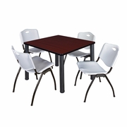 42 IN SQUARE BREAKROOM TABLE- MAHOGANY TOP, BLACK LEGS, 4 M STACK CHAIRS- GREY <FONT COLOR=GREEN>-FREE SHIPPING-</FONT>
