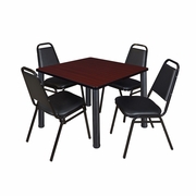 42 IN SQUARE BREAKROOM TABLE- MAHOGANY TOP, BLACK LEGS, 4 RESTAURANT STACK CHAIRS <FONT COLOR=GREEN>-FREE SHIPPING-</FONT>