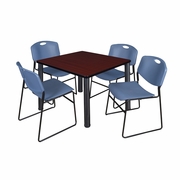 42 IN SQUARE BREAKROOM TABLE- MAHOGANY TOP, BLACK LEGS, 4 STACK CHAIRS- BLUE <FONT COLOR=GREEN>-FREE SHIPPING-</FONT>