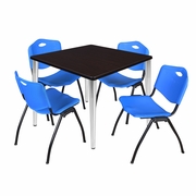 42 IN. SQUARE BREAKROOM TABLE- MAHOGANY TOP, CHROME BASE & 4 M STACK CHAIRS- BLUE <FONT COLOR=GREEN>-FREE SHIPPING-</FONT>