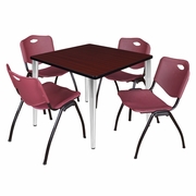 42 IN. SQUARE BREAKROOM TABLE- MAHOGANY TOP, CHROME BASE & 4 M STACK CHAIRS- BURGUNDY <FONT COLOR=GREEN>-FREE SHIPPING-</FONT>