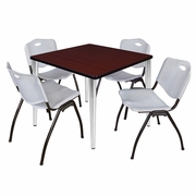 42 IN. SQUARE BREAKROOM TABLE- MAHOGANY TOP, CHROME BASE & 4 M STACK CHAIRS- GREY <FONT COLOR=GREEN>-FREE SHIPPING-</FONT>