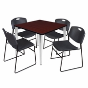 42 IN. SQUARE BREAKROOM TABLE- MAHOGANY TOP, CHROME BASE & 4 STACK CHAIRS- BLACK <FONT COLOR=GREEN>-FREE SHIPPING-</FONT>