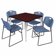 42 IN. SQUARE BREAKROOM TABLE- MAHOGANY TOP, CHROME BASE & 4 STACK CHAIRS- BLUE <FONT COLOR=GREEN>-FREE SHIPPING-</FONT>