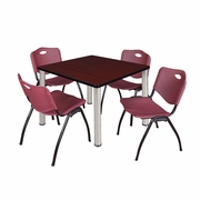 42 IN SQUARE BREAKROOM TABLE- MAHOGANY TOP, CHROME LEGS, 4 M STACK CHAIRS- BURGUNDY <FONT COLOR=GREEN>-FREE SHIPPING-</FONT>
