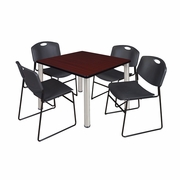 42 IN SQUARE BREAKROOM TABLE- MAHOGANY TOP, CHROME LEGS, 4 STACK CHAIRS- BLACK <FONT COLOR=GREEN>-FREE SHIPPING-</FONT>