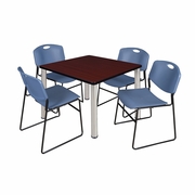 42 IN SQUARE BREAKROOM TABLE- MAHOGANY TOP, CHROME LEGS, 4 STACK CHAIRS- BLUE <FONT COLOR=GREEN>-FREE SHIPPING-</FONT>
