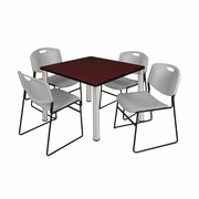 42 IN SQUARE BREAKROOM TABLE- MAHOGANY TOP, CHROME LEGS, 4 STACK CHAIRS- GREY <FONT COLOR=GREEN>-FREE SHIPPING-</FONT>