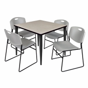42 IN. SQUARE BREAKROOM TABLE- MAPLE TOP, BLACK BASE & 4 STACK CHAIRS- GREY <FONT COLOR=GREEN>-FREE SHIPPING-</FONT>