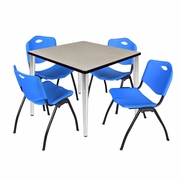 42 IN. SQUARE BREAKROOM TABLE- MAPLE TOP, CHROME BASE & 4 M STACK CHAIRS- BLUE <FONT COLOR=GREEN>-FREE SHIPPING-</FONT>