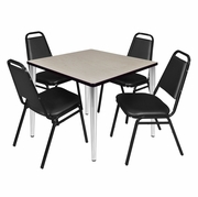 42 IN. SQUARE BREAKROOM TABLE- MAPLE TOP, CHROME BASE & 4 RESTAURANT STACK CHAIRS- BLACK <FONT COLOR=GREEN>-FREE SHIPPING-</FONT>