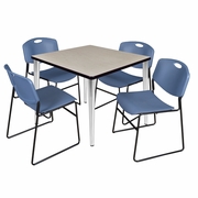42 IN. SQUARE BREAKROOM TABLE- MAPLE TOP, CHROME BASE & 4 STACK CHAIRS- BLUE <FONT COLOR=GREEN>-FREE SHIPPING-</FONT>
