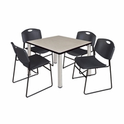 42 IN SQUARE BREAKROOM TABLE- MAPLE TOP, CHROME LEGS, 4 STACK CHAIRS- BLACK <FONT COLOR=GREEN>-FREE SHIPPING-</FONT>