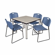 42 IN SQUARE BREAKROOM TABLE- MAPLE TOP, CHROME LEGS, 4 STACK CHAIRS- BLUE <FONT COLOR=GREEN>-FREE SHIPPING-</FONT>