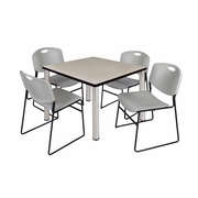 42 IN SQUARE BREAKROOM TABLE- MAPLE TOP, CHROME LEGS, 4 STACK CHAIRS- GREY <FONT COLOR=GREEN>-FREE SHIPPING-</FONT>
