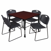 42 IN. SQUARE MOBILE ADJUSTABLE CLASSROOM TABLE- MAHOGANY & 4 STACK CHAIRS- BLACK <FONT COLOR=GREEN>-FREE SHIPPING-</FONT>