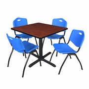 42 IN. SQUARE X-BASE BREAKROOM TABLE- CHERRY & 4 M STACK CHAIRS- BLUE <FONT COLOR=GREEN>-FREE SHIPPING-</FONT>