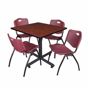 42 IN. SQUARE X-BASE BREAKROOM TABLE- CHERRY, 4 M STACK CHAIRS- BURGUNDY <FONT COLOR=GREEN>-FREE SHIPPING-</FONT>