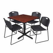 42 IN. SQUARE X-BASE BREAKROOM TABLE- CHERRY & 4 STACK CHAIRS- BLACK <FONT COLOR=GREEN>-FREE SHIPPING-</FONT>