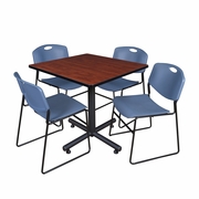 42 IN. SQUARE X-BASE BREAKROOM TABLE- CHERRY, 4 STACK CHAIRS- BLUE <FONT COLOR=GREEN>-FREE SHIPPING-</FONT>