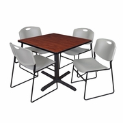 42 IN. SQUARE X-BASE BREAKROOM TABLE- CHERRY & 4 STACK CHAIRS- GREY <FONT COLOR=GREEN>-FREE SHIPPING-</FONT>