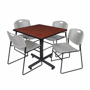42 IN. SQUARE X-BASE BREAKROOM TABLE- CHERRY, 4 STACK CHAIRS- GREY <FONT COLOR=GREEN>-FREE SHIPPING-</FONT>