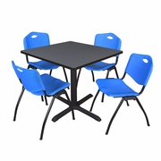 42 IN. SQUARE X-BASE BREAKROOM TABLE- GREY & 4 M STACK CHAIRS- BLUE <FONT COLOR=GREEN>-FREE SHIPPING-</FONT>