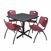 42 IN. SQUARE X-BASE BREAKROOM TABLE- GREY & 4 M STACK CHAIRS- BURGUNDY <FONT COLOR=GREEN>-FREE SHIPPING-</FONT>