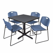 42 IN. SQUARE X-BASE BREAKROOM TABLE- GREY & 4 STACK CHAIRS- BLUE <FONT COLOR=GREEN>-FREE SHIPPING-</FONT>