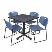 42 IN. SQUARE X-BASE BREAKROOM TABLE- GREY, 4 STACK CHAIRS- BLUE <FONT COLOR=GREEN>-FREE SHIPPING-</FONT>