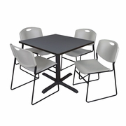 42 IN. SQUARE X-BASE BREAKROOM TABLE- GREY & 4 STACK CHAIRS- GREY <FONT COLOR=GREEN>-FREE SHIPPING-</FONT>
