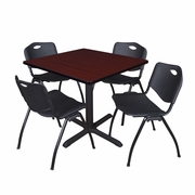 42 IN. SQUARE X-BASE BREAKROOM TABLE- MAHOGANY & 4 M STACK CHAIRS- BLACK <FONT COLOR=GREEN>-FREE SHIPPING-</FONT>