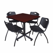 42 IN. SQUARE X-BASE BREAKROOM TABLE- MAHOGANY, 4 M STACK CHAIRS- BLACK <FONT COLOR=GREEN>-FREE SHIPPING-</FONT>