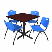 42 IN. SQUARE X-BASE BREAKROOM TABLE- MAHOGANY & 4 M STACK CHAIRS- BLUE <FONT COLOR=GREEN>-FREE SHIPPING-</FONT>