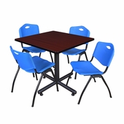 42 IN. SQUARE X-BASE BREAKROOM TABLE- MAHOGANY, 4 M STACK CHAIRS- BLUE <FONT COLOR=GREEN>-FREE SHIPPING-</FONT>