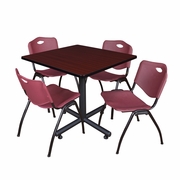 42 IN. SQUARE X-BASE BREAKROOM TABLE- MAHOGANY, 4 M STACK CHAIRS- BURGUNDY <FONT COLOR=GREEN>-FREE SHIPPING-</FONT>
