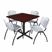 42 IN. SQUARE X-BASE BREAKROOM TABLE- MAHOGANY & 4 M STACK CHAIRS- GREY <FONT COLOR=GREEN>-FREE SHIPPING-</FONT>