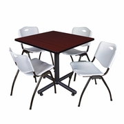 42 IN. SQUARE X-BASE BREAKROOM TABLE- MAHOGANY, 4 M STACK CHAIRS- GREY <FONT COLOR=GREEN>-FREE SHIPPING-</FONT>