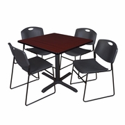 42 IN. SQUARE X-BASE BREAKROOM TABLE- MAHOGANY & 4 STACK CHAIRS- BLACK <FONT COLOR=GREEN>-FREE SHIPPING-</FONT>