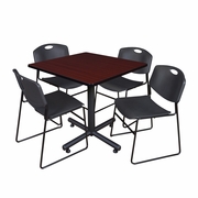 42 IN. SQUARE X-BASE BREAKROOM TABLE- MAHOGANY, 4 STACK CHAIRS- BLACK <FONT COLOR=GREEN>-FREE SHIPPING-</FONT>