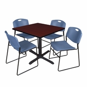42 IN. SQUARE X-BASE BREAKROOM TABLE- MAHOGANY & 4 STACK CHAIRS- BLUE <FONT COLOR=GREEN>-FREE SHIPPING-</FONT>