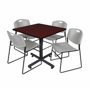 42 IN. SQUARE X-BASE BREAKROOM TABLE- MAHOGANY, 4 STACK CHAIRS- GREY <FONT COLOR=GREEN>-FREE SHIPPING-</FONT>