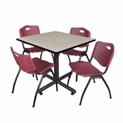 42 IN. SQUARE X-BASE BREAKROOM TABLE- MAPLE, 4 M STACK CHAIRS- BURGUNDY <FONT COLOR=GREEN>-FREE SHIPPING-</FONT>